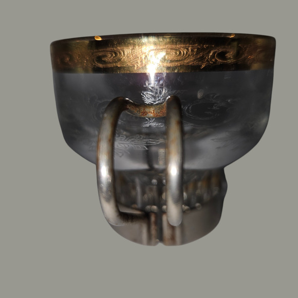 Vintage Etched Glass Cups w/ Metal Holders & Gold Rim Scroll Design Set of 5 - Picture 4 of 7